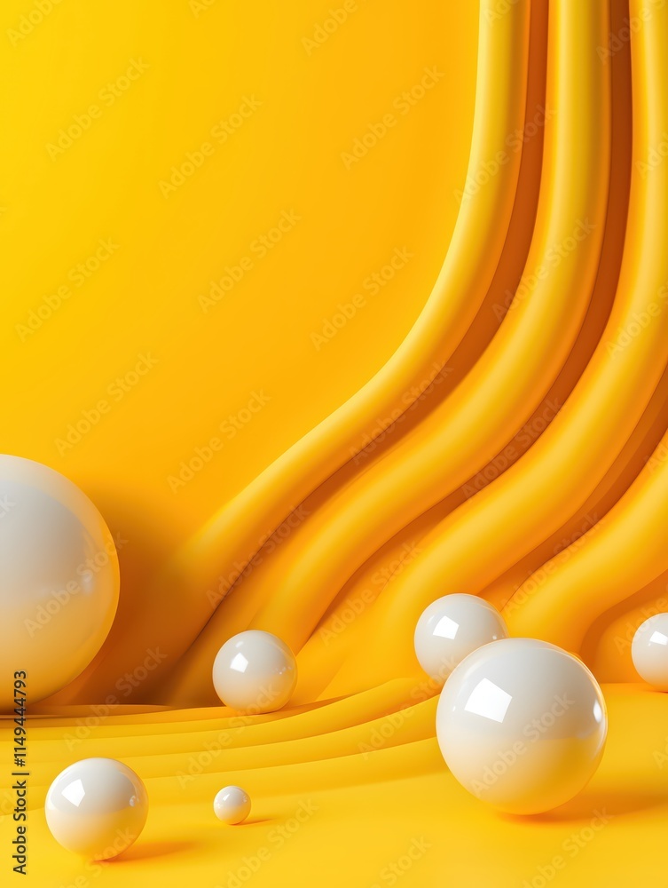 Poster abstract yellow background with smooth waves and glossy spheres in white tones