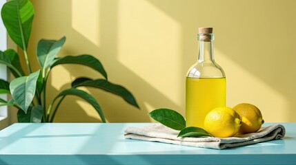 Sunlit Still Life Bottle of Citrus Oil with Fresh Lemons and Greenery on a Pale Blue Surface