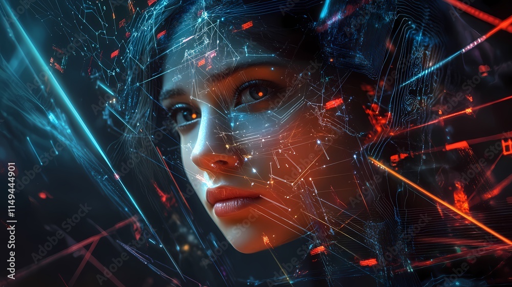 Fototapete futuristic portrait with digital interface and glowing data lines in dark background