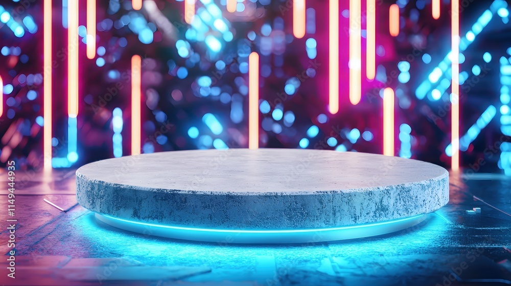Poster neon illuminated platform with abstract futuristic background and vibrant colors