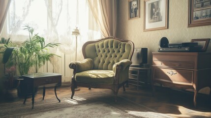 Warm Nostalgia in a 1920s Vintage Home Interior with Retro Furniture and Record Player