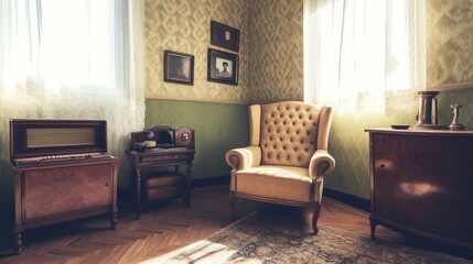 Nostalgic 1920s Home Interior with Vintage Furniture and Family Memorabilia