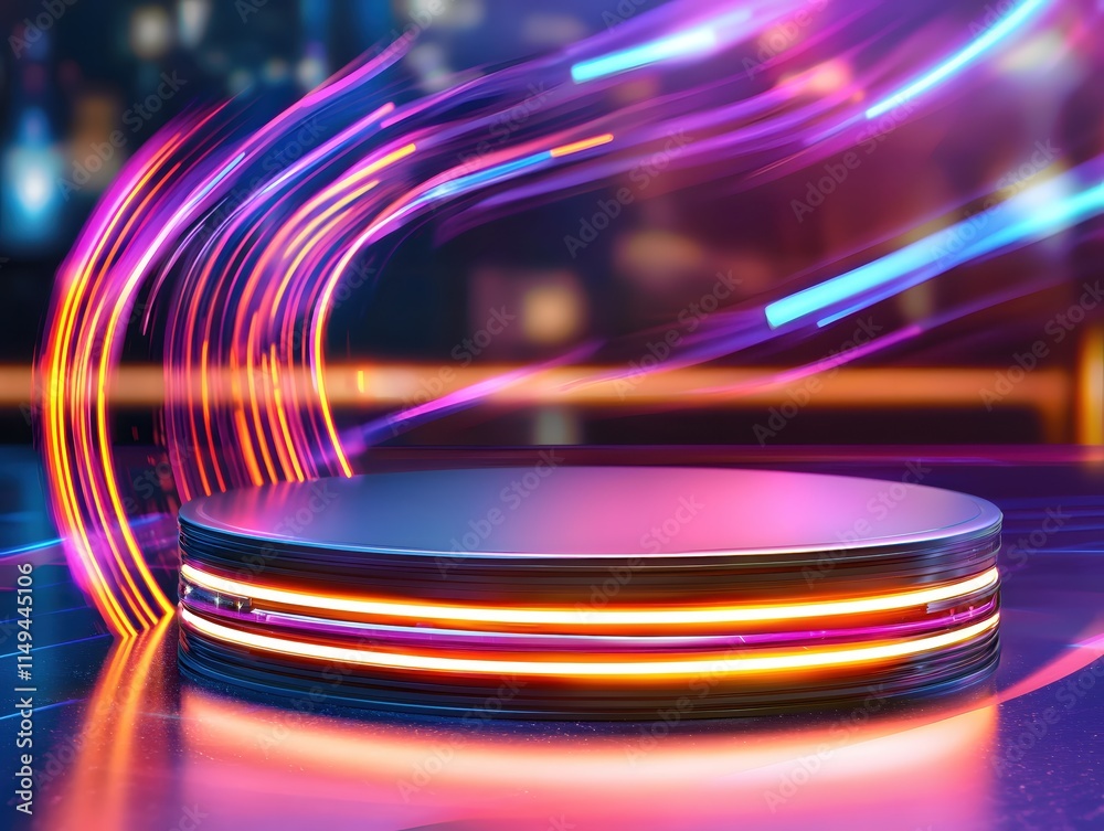 Poster Futuristic Light Trails on a Round Platform in a Colorful Abstract Background