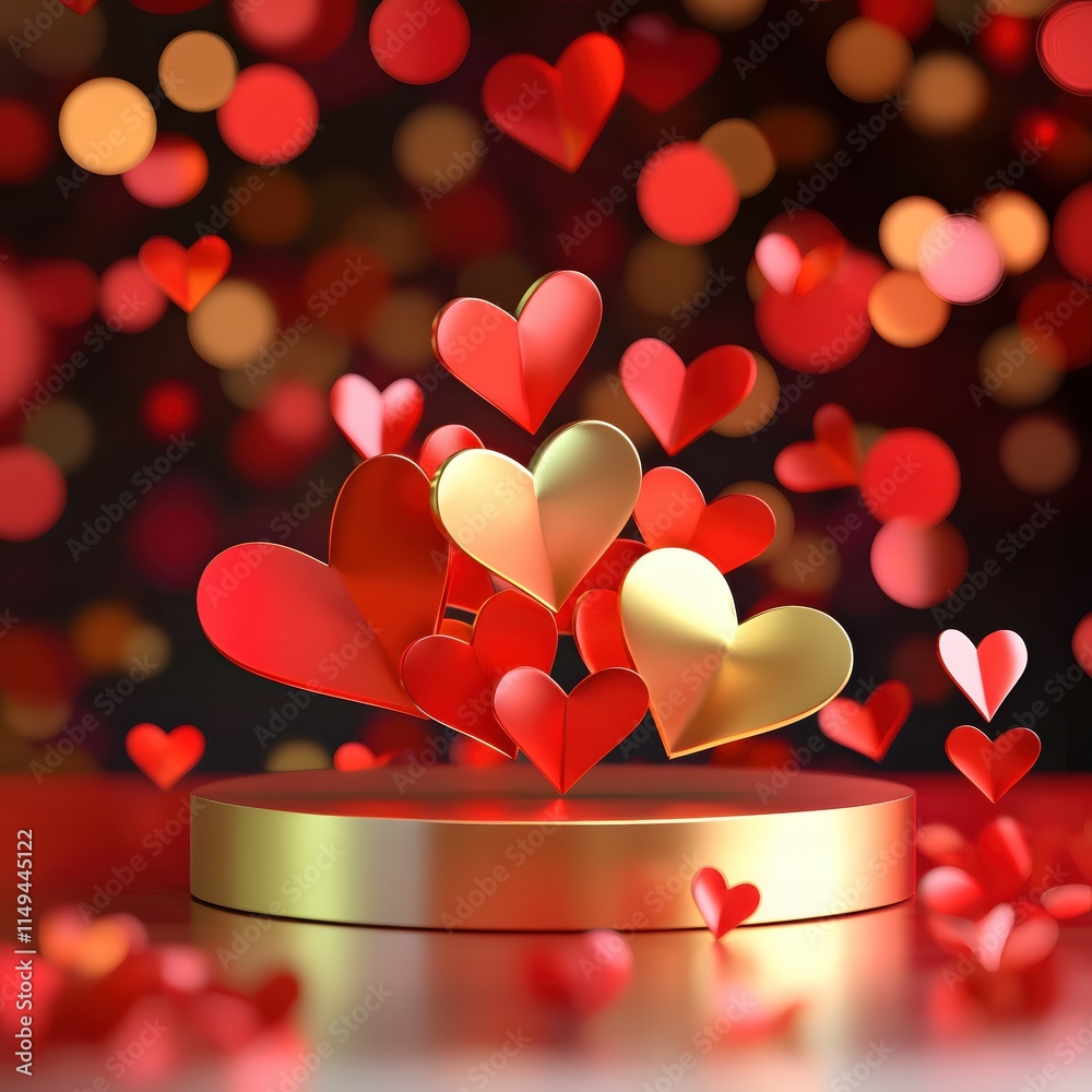 Poster Colorful Heart Shapes Floating Above a Golden Base with Blurred Bokeh Background