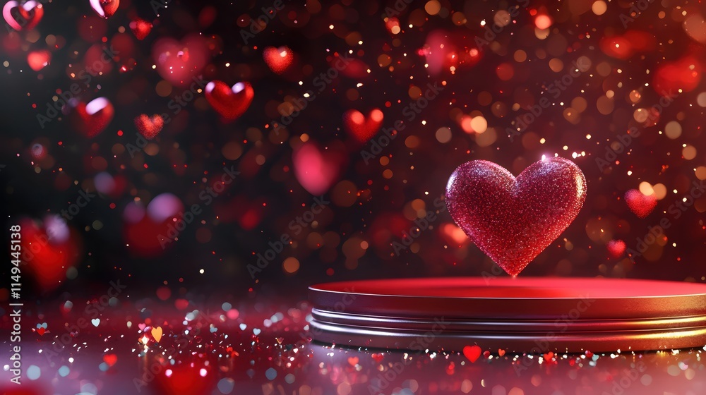 Aufkleber glimmering red heart on stage with blurred hearts and sparkles in background