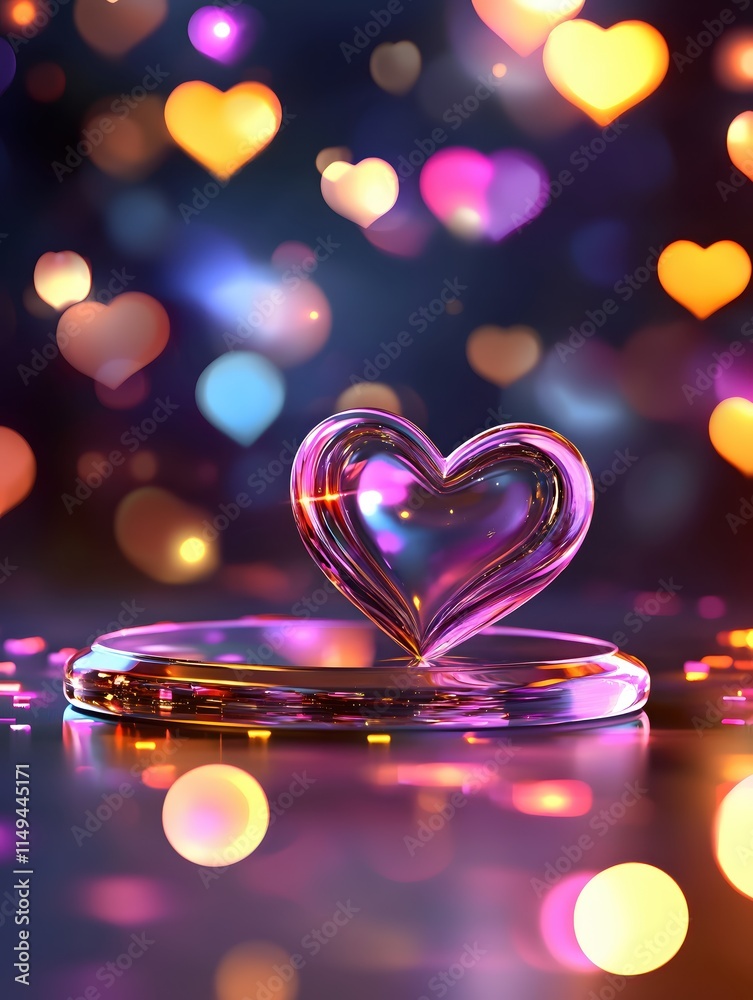 Poster Glowing Heart Shape on Reflective Surface with Colorful Bokeh Background