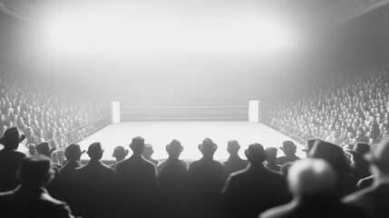 Roaring Twenties Thrills: Vintage Monochrome Boxing Match with Cheering Spectators