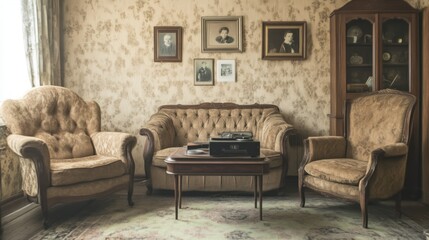 Nostalgic 1920s Home Interior with Vintage Furniture and Family Photos Wall Decor, Warm and Cozy Ambiance