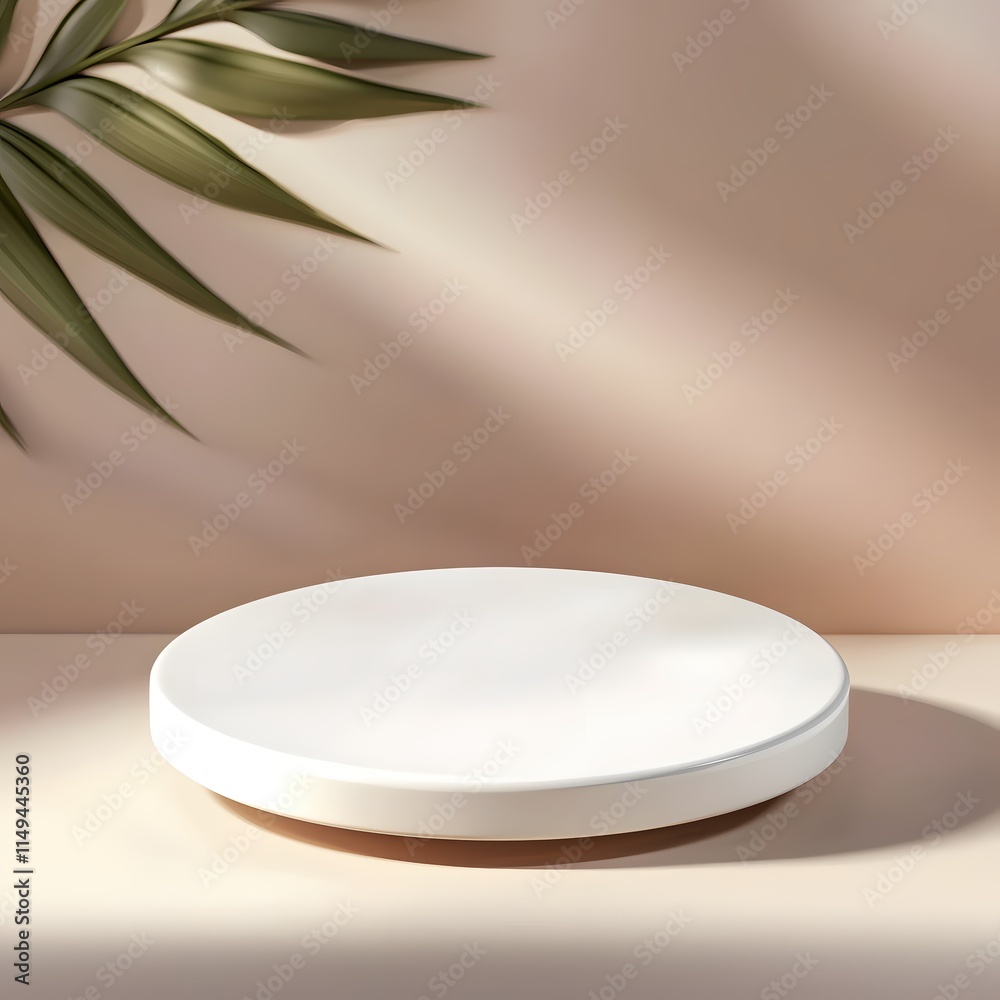 Poster Elegant Minimalist Display Stand with Soft Shadow and Green Leaves Background