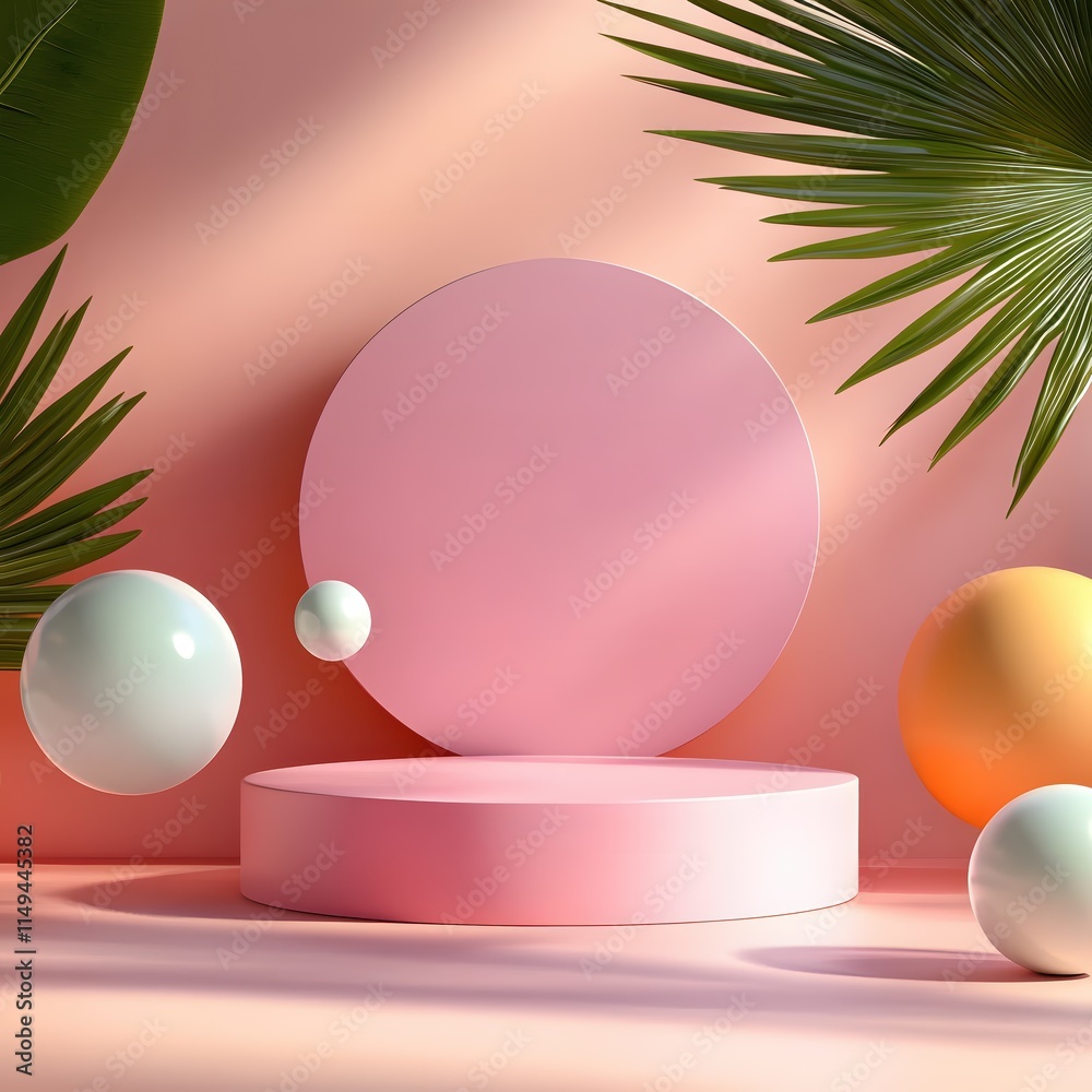 Poster soft pastel geometric shapes and greenery in minimalist studio setting