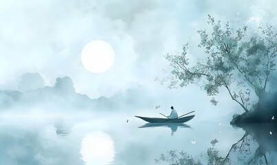 A serene scene of a person in a boat on a misty lake under a full moon.