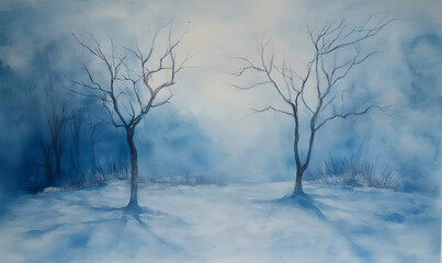A serene winter landscape featuring bare trees amidst a soft blue mist.