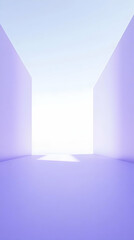 A minimalist space with purple walls leading to a bright light.