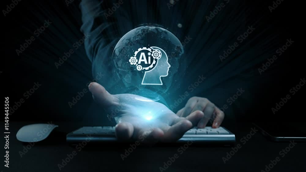 Poster human interact with ai artificial intelligence brain processor in concept of ai artificial intellige