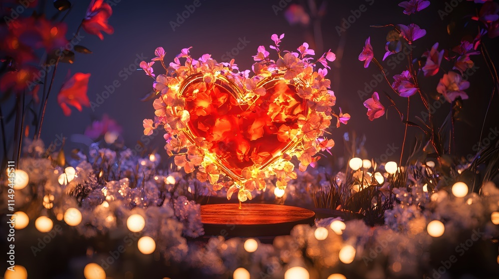Poster heart shape made of flowers with magical lights in a dark and dreamy setting