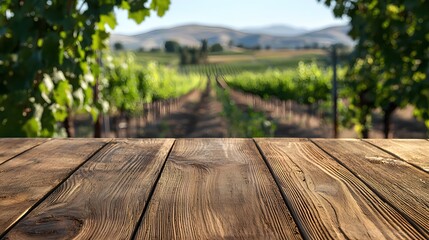 Scenic Vineyard Background with Focused Wooden Table in the Foreground