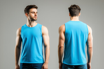 man wearing a blue sleeveless t-shirt tank top mockup front and back used as a design template