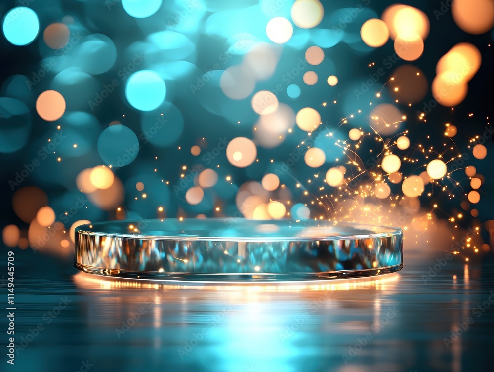 Poster Illuminated Round Platform Surrounded by Glimmering Lights and Vibrant Bokeh Effects