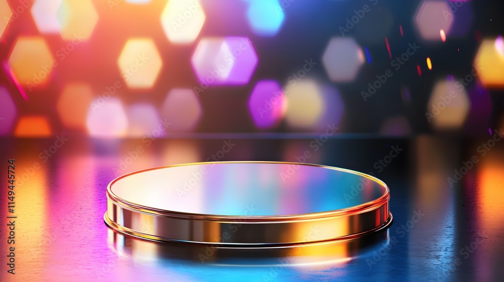 Poster Vibrant Display Platform with Colorful Bokeh and Soft Light Effects