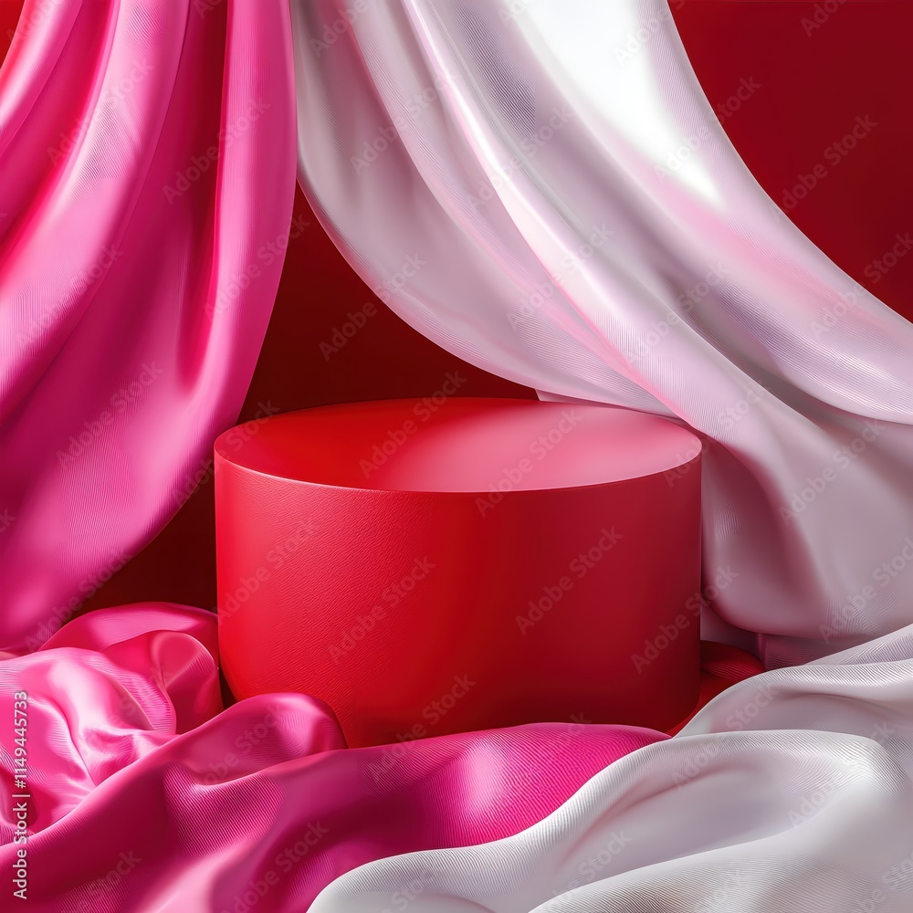 Poster vibrant red and pink drapery with circular platform styled background composition