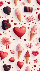 Whimsical Valentine s Day Themed Pattern with Festive Elements in Cartoon Style