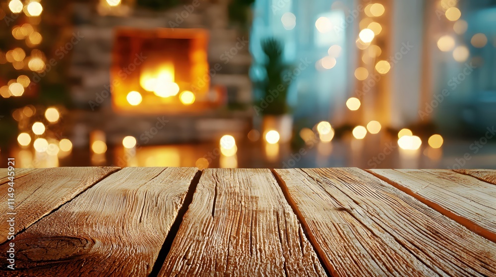 Poster warm cozy interior with wooden table and soft bokeh lights in a festive setting