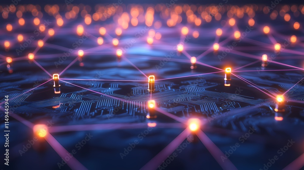 Poster abstract digital landscape with glowing nodes and connected lines in blue and purple tones