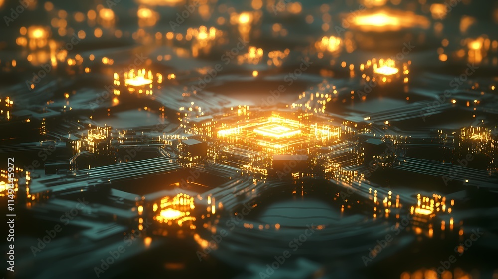 Poster Abstract Glowing Hexagonal Circuit Board Pattern in Vibrant Orange and Gold Tones