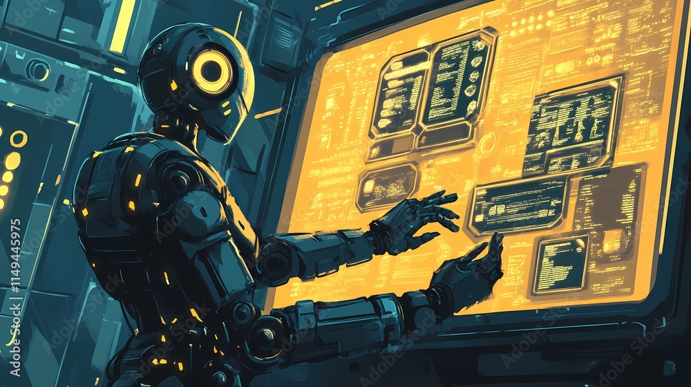 Fototapete Futuristic Robot Interacting with Advanced User Interface in Neon Environment