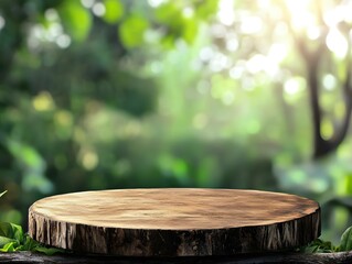 Wooden Round Table Surrounded by Leaves with Blurred Green Nature Background