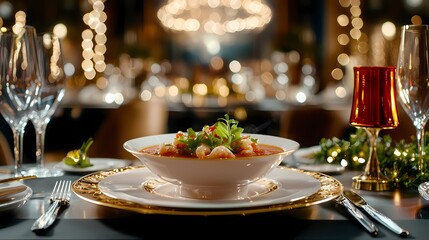 Fototapeta premium Elegant Dining Table Setting with Gourmet Pasta Dish Surrounded by Cozy Ambiance