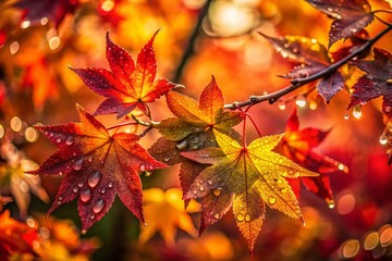 Fototapeta premium Panoramic Autumn Leaves with Water Droplets - Vibrant Fall Foliage