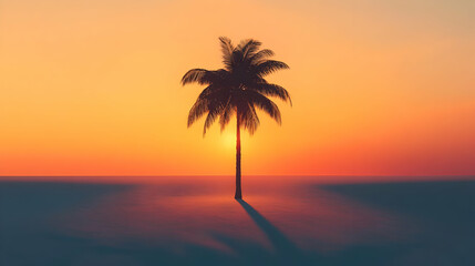 A serene sunset with a solitary palm tree casting a long shadow on the sandy beach.