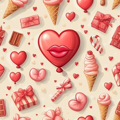 Festive Valentine s Day Pattern with Hearts Lips Candy and Floral Elements in Cartoon Style