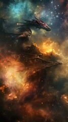 An ethereal cosmic scene featuring a majestic dragon intertwined with vibrant clouds and starry backgrounds. The dragon, exhibiting intricate scales and captivating features, appears to soar through a