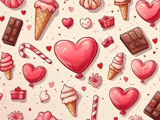 Whimsical Valentine s Day Themed Pattern with Hearts Candies and Gifts in Cartoon Style