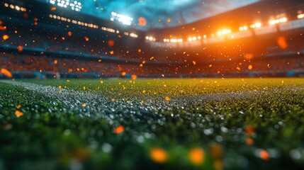 Night stadium, grassy field, sparkling lights.