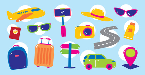 cute and fun hand drawn flat design style graphic element vector set in travel concept