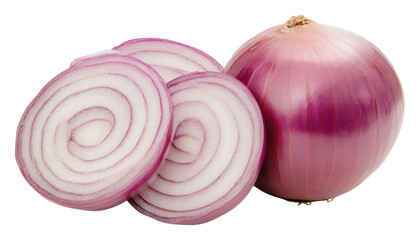 Sliced red onion on white background, fresh vegetable detail. Culinary ingredient and health concept