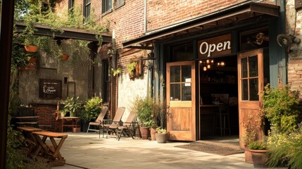 Fototapeta premium Eatery or store with wooden door and sign Open