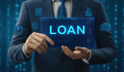 Businessman Holding Digital Display with Loan Concept in Background