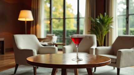 Obraz premium A single cocktail glass sits on a wooden table in a modern lounge setting, bathed in soft light filtering through large windows overlooking a tranquil garden