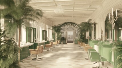 Nostalgic Beauty Charm: Retro 1920s Hair Salon with Stylish Clients, Vintage Hair Accessories, and Elegant Fashion Vibes