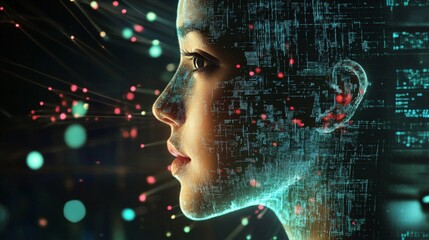 Futuristic young asian female with digital face and cyber technology