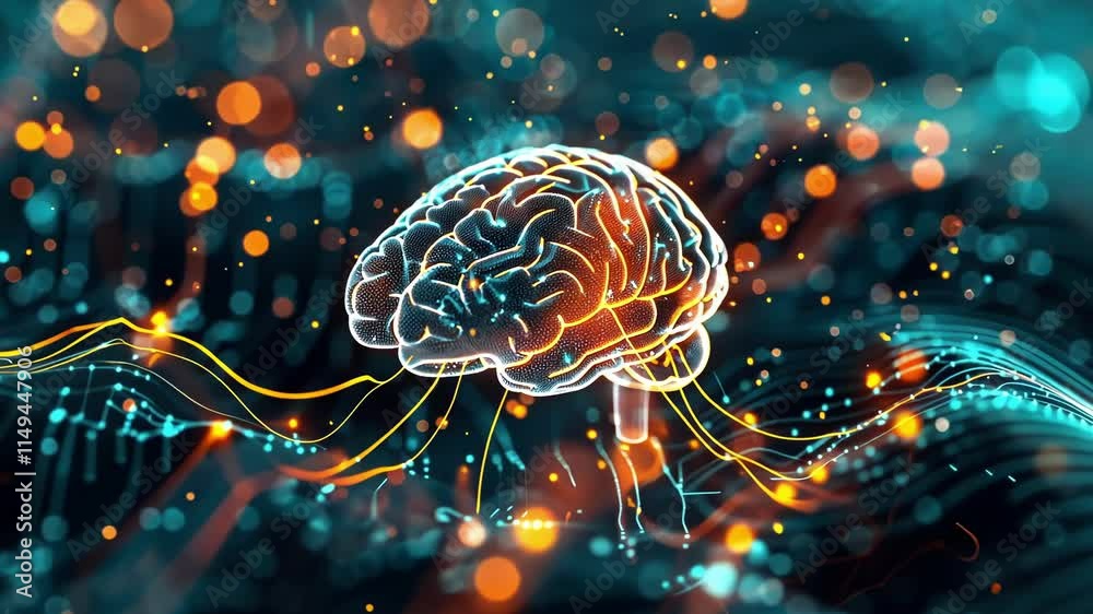 Poster glowing digital brain exchanging vast amounts of data within a futuristic network, illustrating the 