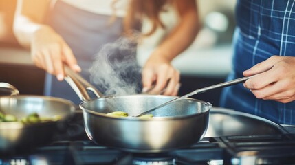 Couple joyfully preparing meal together in contemporary kitchen, symbolizing teamwork and shared moments in a harmonious home environment