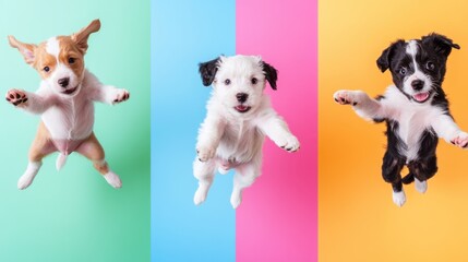 Obraz premium Playful Puppies Jumping Against Bright Colorful Backgrounds