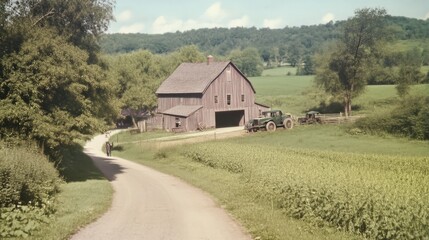 Fototapeta premium Nostalgic 1920s Farm Life: Vintage Scene of Barn, Tractors, and Harvesting Workers