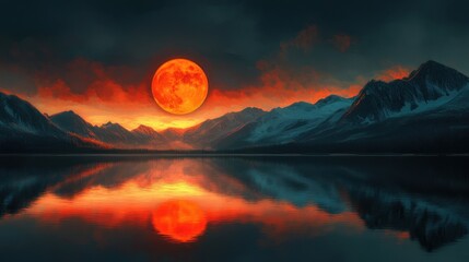 Glowing Moon Over Serene Mountain Lake at Sunset Reflection