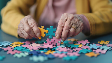 Elderly Hands Assembling Colorful Puzzle Pieces on Table in Natural Light, Creative Leisure Activity for Mindfulness and Cognitive Benefits